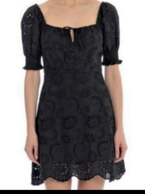 7 For All Mankind Black Eyelet Puff-Sleeve Mini Dress Boho